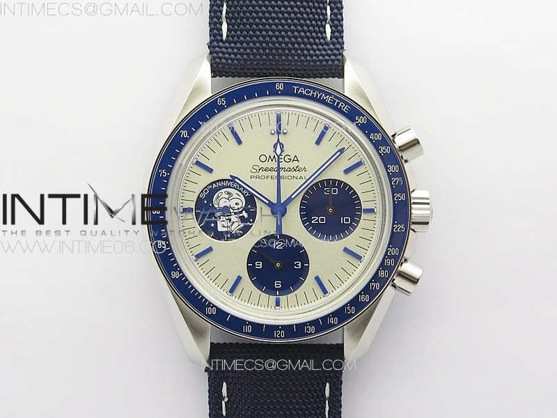 Speedmaster SS Blue Snoopy OMF 11 Best Edition White Dial on Blue Leather Strap Manual Winding Chrono Movement