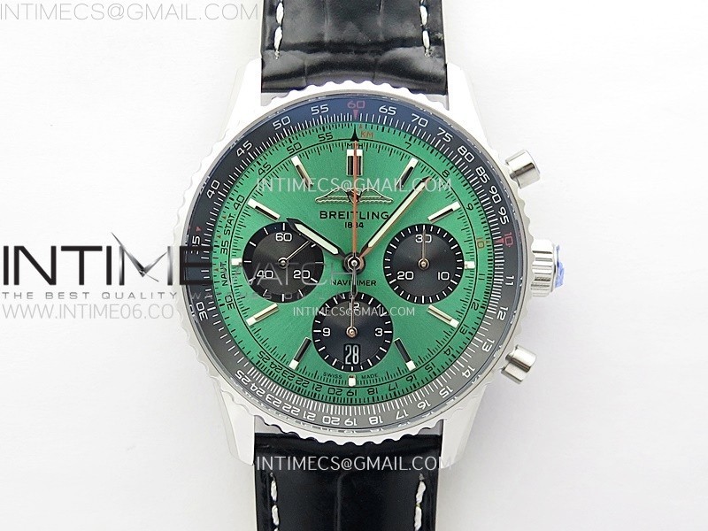 NAVITIMER B01 43MM SS BLSF 11 BEST EDITION GREEN DIAL BLACK SUBDIALS ON BLACK LEATHER STRAP A7750