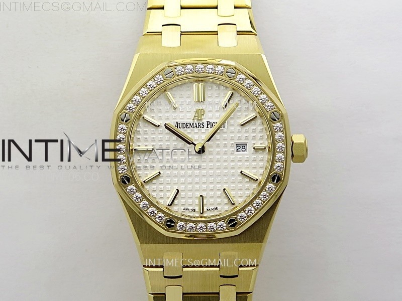 Lady Royal Oak 33mm 67651 Diamonds Bezel YG ZF 11 Best Edition White Textured Dial on YG Bracelet RONDA Quartz