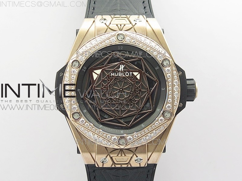 Big Bang Sang Bleu RG Ti Crystal Bezel WWF 11 Best Edition Black Skeletonal Dial On Black Gummy Strap Asian HB1213 V2