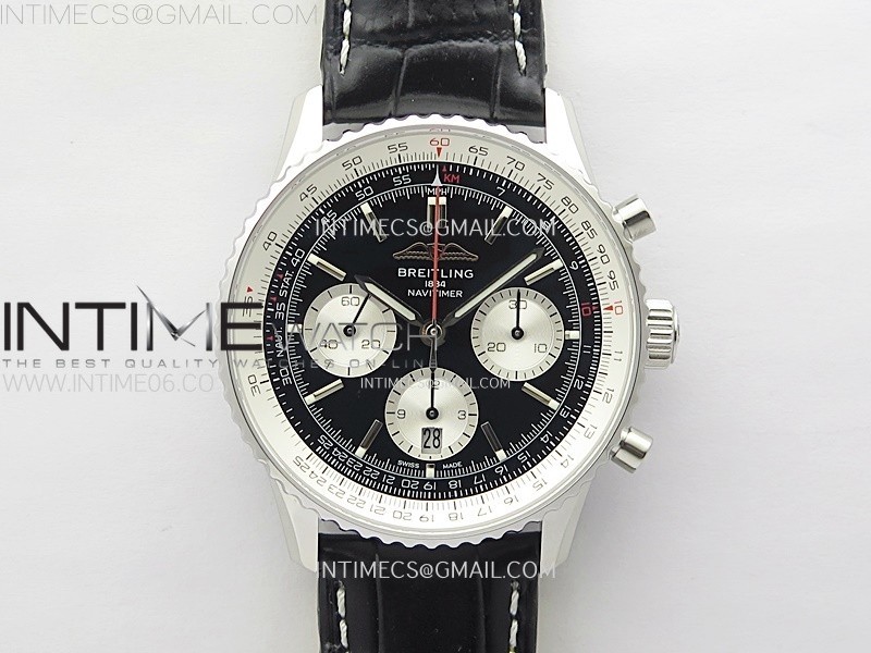 NAVITIMER B01 43MM SS BLSF 11 BEST EDITION BLACK DIAL SILVER SUBDIALS ON BLACK LEATHER STRAP A7750