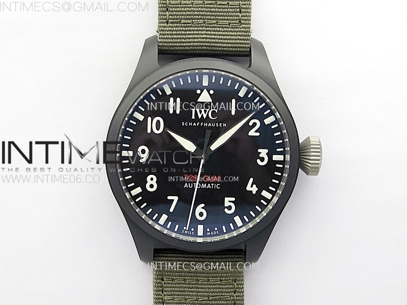 BIG PILOT IW329801 REAL CERAMIC M+F 11 BEST EDITION BLACK DIAL ON GREEN CALFSKIN STRAP SEIKO 8N-24