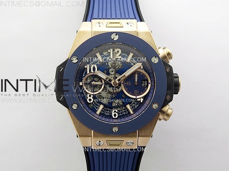 HUBLOT BIG BANG UNICO 42MM RGCERAMIC BEZEL BBF 11 BEST EDITION BLUE SKELETON DIAL ON BLUE RUBBER STRAP A1280