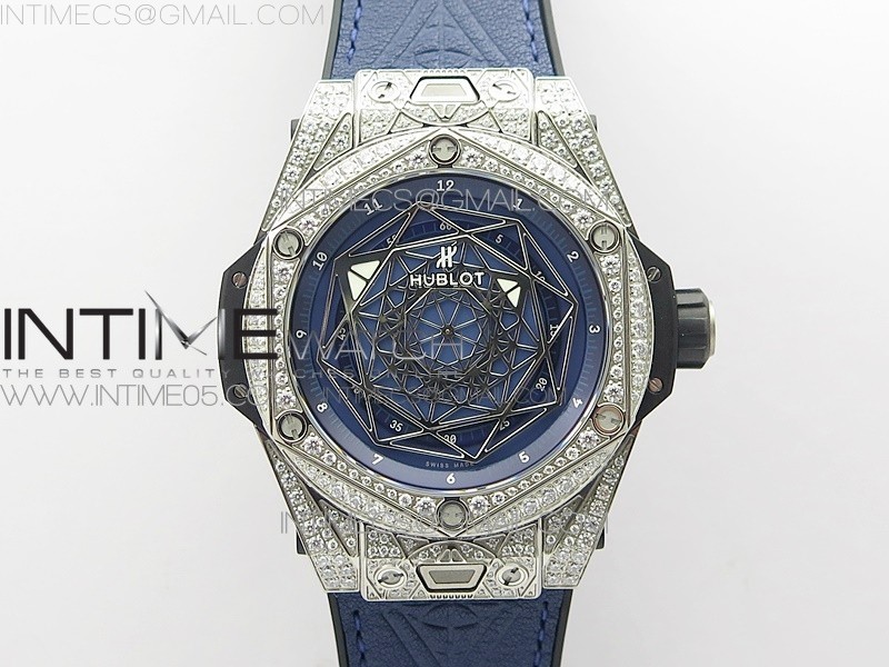 Big Bang Sang Bleu Ti Crystal Bezel And Case WWF 11 Best Edition Blue Skeletonal Dial On Blue Gummy Strap Asian HB1213 V2