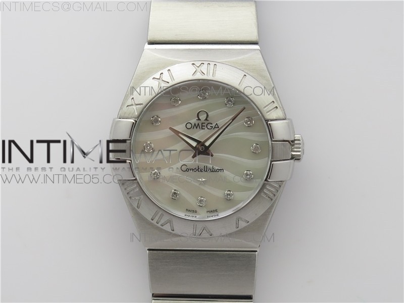 CONSTELLATION LADIES 27MM K11F 11 BEST EDITION SS WHITE MOP TEXTURED DIAL DIAMONDS MARKERS ON SS BRACELET ETA QUARTZ