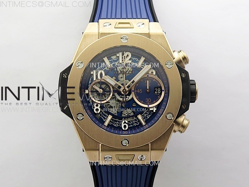 HUBLOT BIG BANG UNICO 42MM RG BBF 11 BEST EDITION BLUE SKELETON DIAL ON BLUE RUBBER STRAP A1280