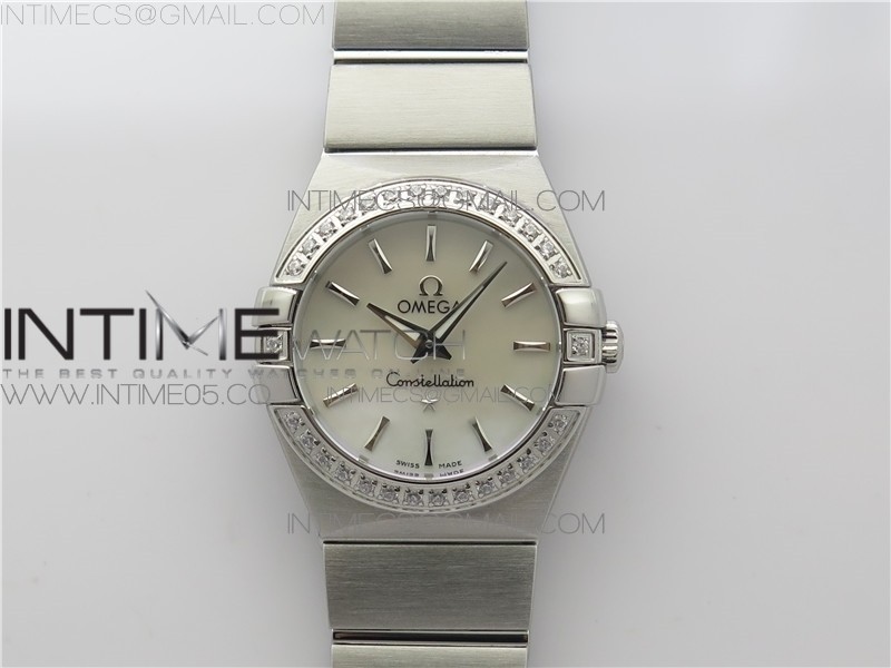 CONSTELLATION LADIES 27MM K11F 11 BEST EDITION SS DIAMONDS BEZEL WHITE MOP DIAL STICK MARKERS ON SS BRACELET ETA QUARTZ