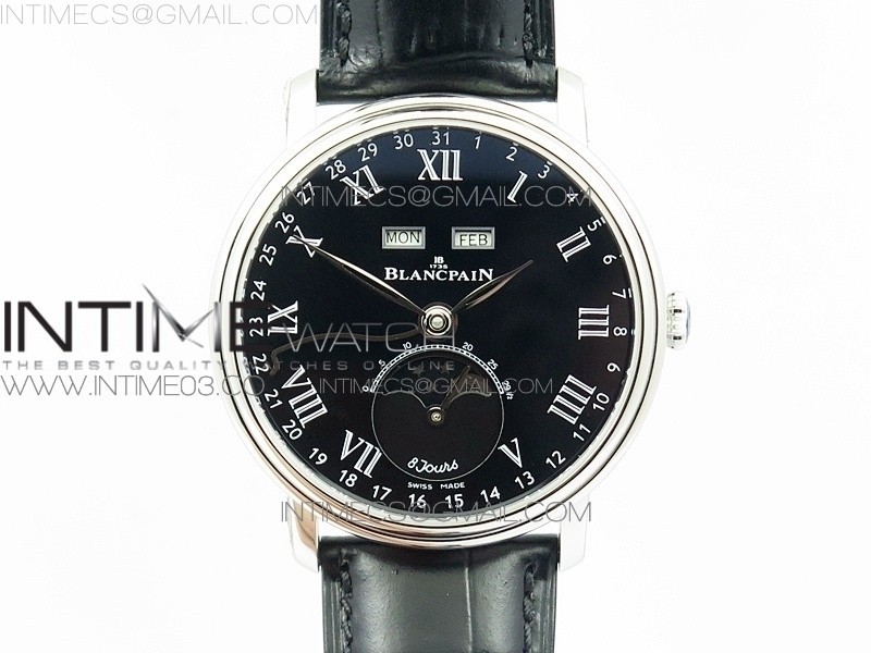 Villeret Quantième Complet 8 Jours SS Complicated Function OMF 11 Best Edition Black Dial on Black Leather Strap A6639