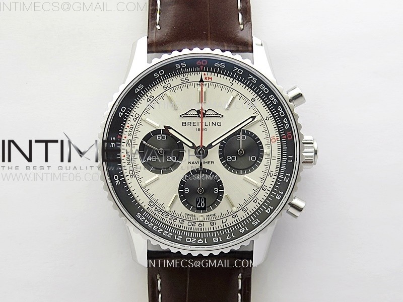 NAVITIMER B01 43MM SS B50 BEST EDITION SILVER DIAL BLACK SUBDIAL ON BROWN LEATHER STRAP A7750