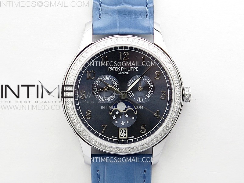 ANNUAL CALENDAR 4947G SSDIAMONDS BEZEL N1F BEST EDITION BLUE DIAL ON BLUE LEATHER STRAP A324