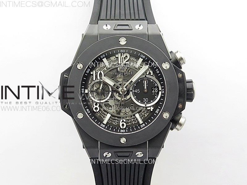 HUBLOT BIG BANG UNICO 42MM REAL BLACK CERAMIC BBF 11 BEST EDITION BLACK SKELETON DIAL ON BLACK RUBBER STRAP A1280