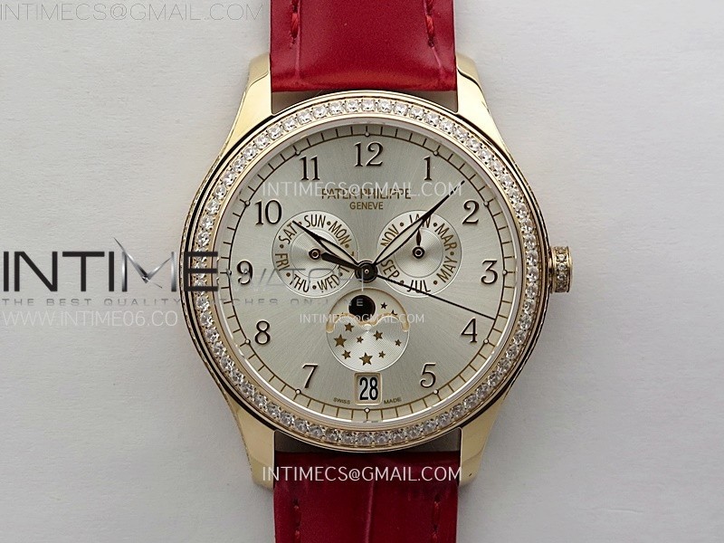 ANNUAL CALENDAR 4947R FULL PAVED DIAMONDS N1F BEST EDITION SILVER DIAL ON RED LEATHER STRAP A324