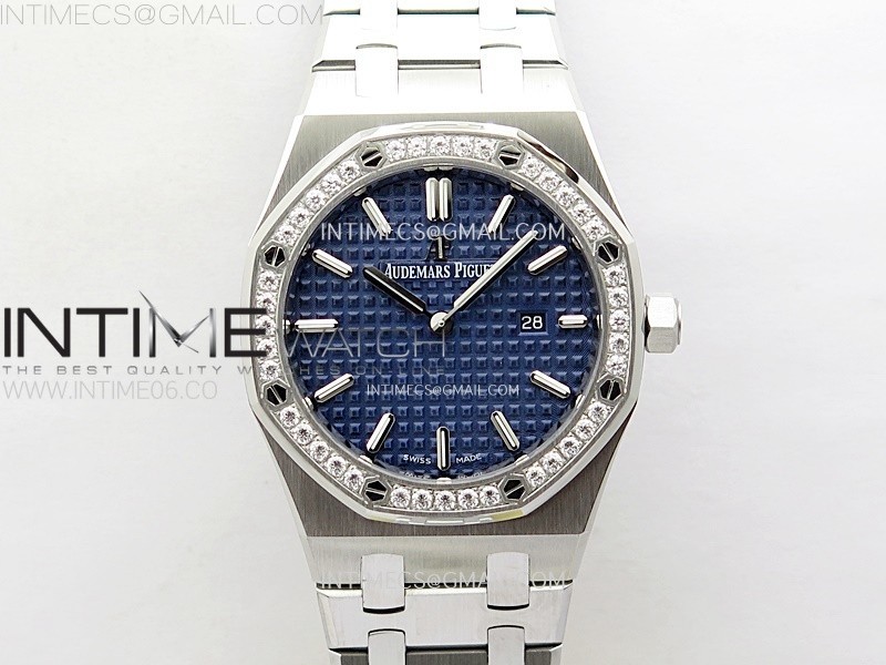 Lady Royal Oak 33mm 67651 Diamonds SS ZF 11 Best Edition Blue Textured Dial on SS Bracelet RONDA Quartz