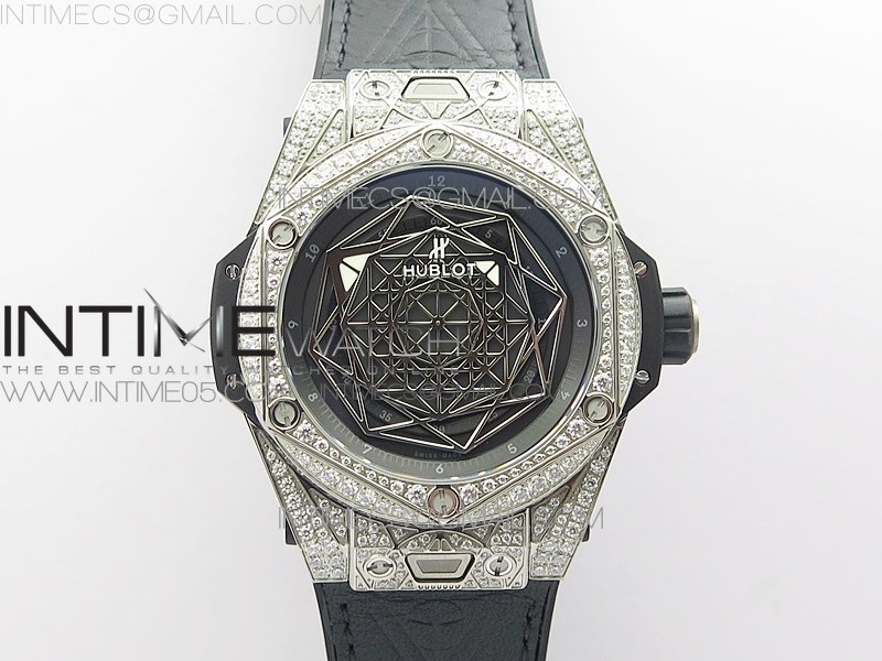 Big Bang Sang Bleu Ti Crystal  And Case WWF 11 Best Edition Black Skeletonal Dial On Black Gummy Strap Asian HB1213 V2