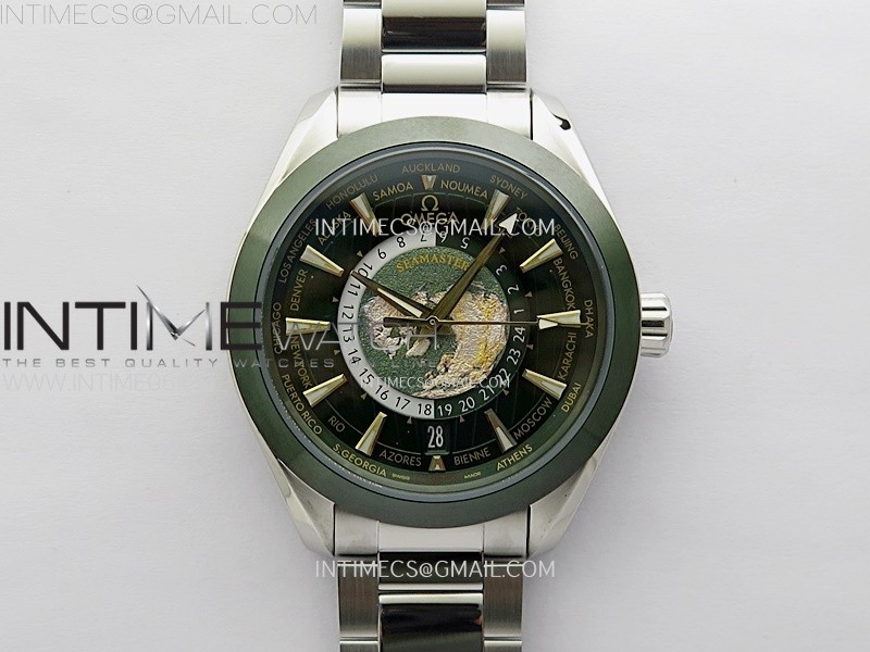 AQUA TERRA 150M 43MM 24 GREEN CERAMIC BEZEL N1F 11 BEST EDITION GREEN DIAL ON SS BRACELET A8938 (FREE RUBBER STRAPS)