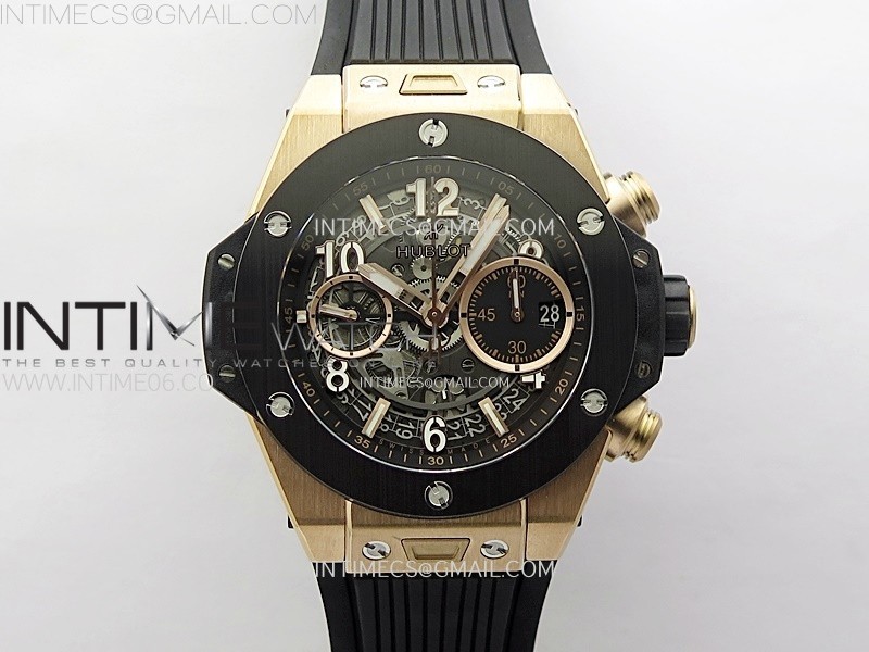 HUBLOT BIG BANG UNICO 42MM RGCERAMIC BEZEL BBF 11 BEST EDITION BLACK SKELETON DIAL ON BLACK RUBBER STRAP A1280