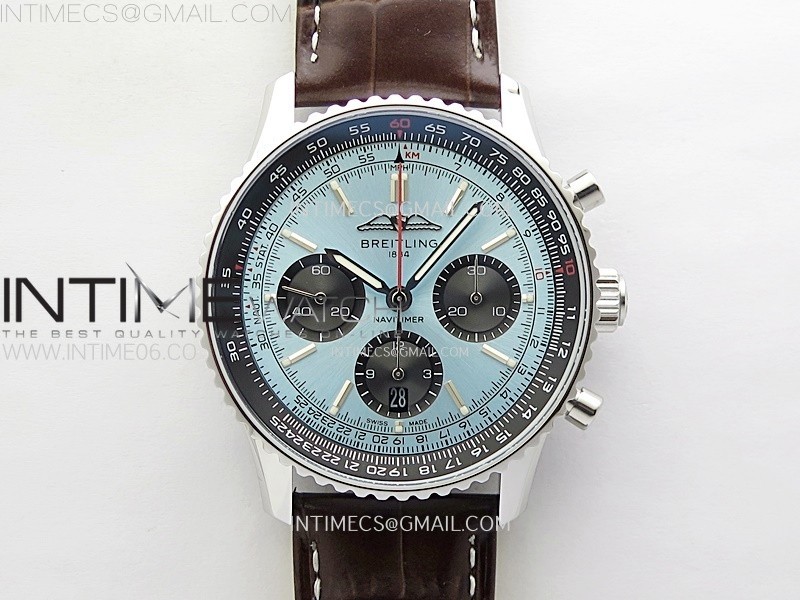 NAVITIMER B01 43MM SS B50 BEST EDITION ICE BLUE DIAL BLACK SUBDIAL ON BROWN LEATHER STRAP A7750