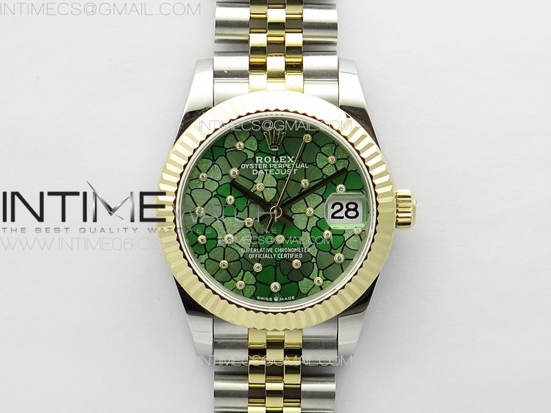 DateJust 31mm 278274 904L SSYG GMF Best Edition Green Flowers Crystals Dial on 904L SSYG Jubilee Bracelet A2824