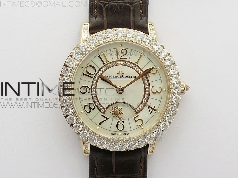 RENDEZ-VOUS NIGHT & DAY RG DIAMONDS BEZEL ZF 11 BEST EDITION WHITE MOP DIAL ON BLACK LEATHER STRAP A898