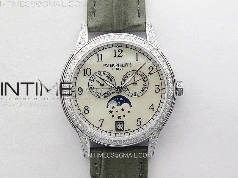 ANNUAL CALENDAR 4947G FULL PAVED DIAMONDS N1F BEST EDITION WHITE MOP DIAL ON GREEN LEATHER STRAP A324