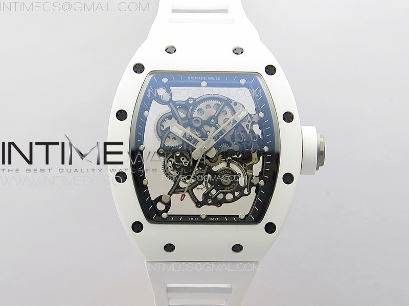 RM055 White Ceramic BBR Best Edition Skeleton Dial on White Rubber Strap Clone RMUL2 V2