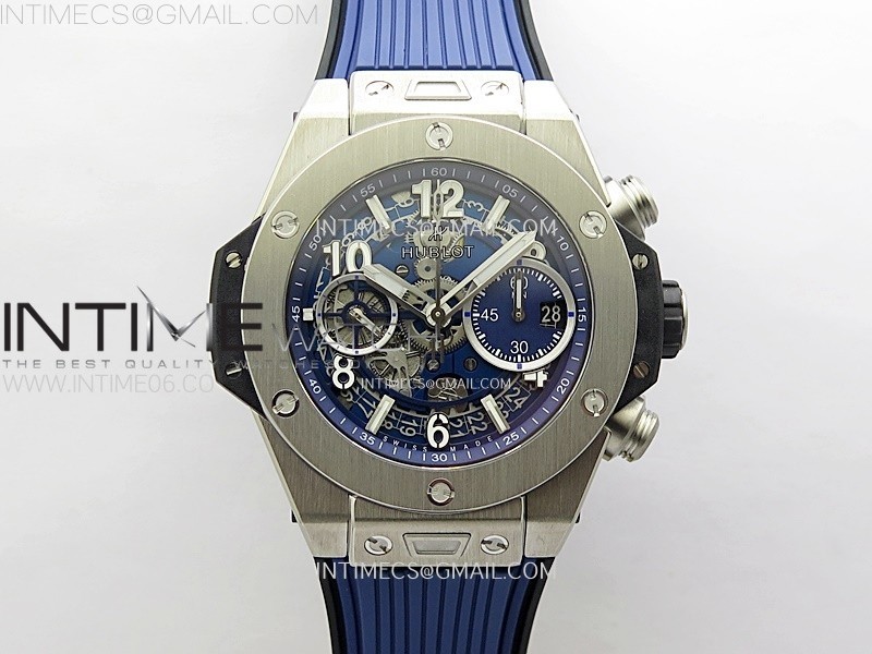 HUBLOT BIG BANG UNICO 42MM TITANIUM BBF 11 BEST EDITION BLUE SKELETON DIAL ON BLUE RUBBER STRAP A1280