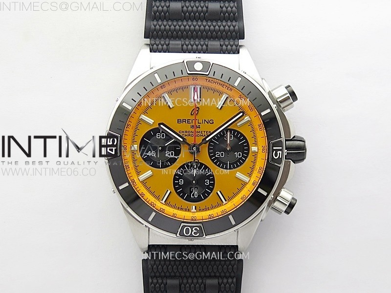 CHRONOMAT B01 44MM SS BLSF 11 BEST EDITION YELLOW DIAL ON BLACK RUBBER STRAP A7750 TO CAL.01