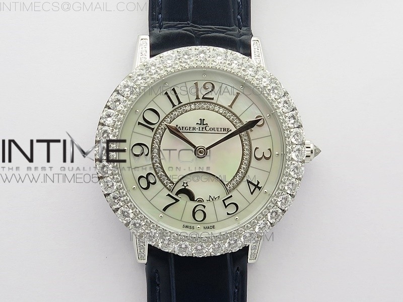 RENDEZ-VOUS NIGHT & DAY SS DIAMONDS BEZEL ZF 11 BEST EDITION WHITE MOP DIAL ON BLACK LEATHER STRAP A898