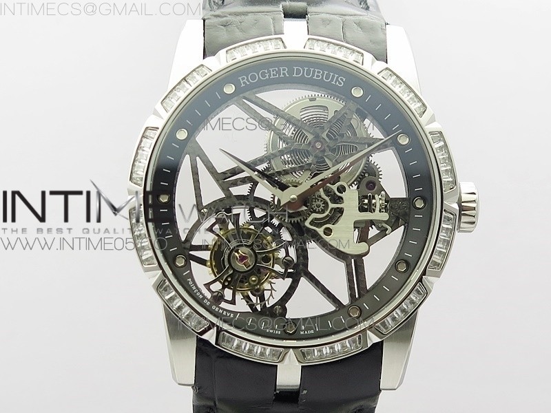 Excalibur Rddbex0393 SS Crystals Bezel BBR Best Edition Skeleton Dial on Black Leather Strap A2136 Tourbillon V4