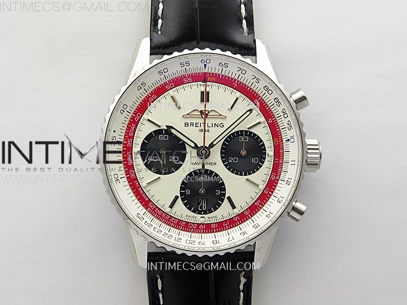 NAVITIMER B01 43MM SS BLSF 11 BEST EDITION WHITE DIAL BLACK SUBDIALS ON BLACK LEATHER STRAP A7750